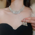 Light Luxury Copper Rhinestone Geometric Trapezoid Earring Necklace Jewelry Set For Women view 2