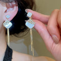 18K Gold Plated Zircon Faux Pearl Rhombus Tassel Clip-on Earrings For Women view 3