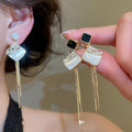 18K Gold Plated Zircon Faux Pearl Rhombus Tassel Clip-on Earrings For Women view 1