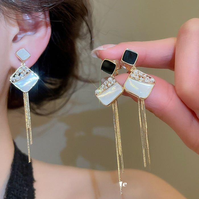 18K Gold Plated Zircon Faux Pearl Rhombus Tassel Clip-on Earrings For Women