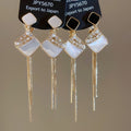 18K Gold Plated Zircon Faux Pearl Rhombus Tassel Clip-on Earrings For Women view 4