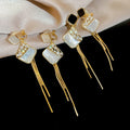18K Gold Plated Zircon Faux Pearl Rhombus Tassel Clip-on Earrings For Women view 2