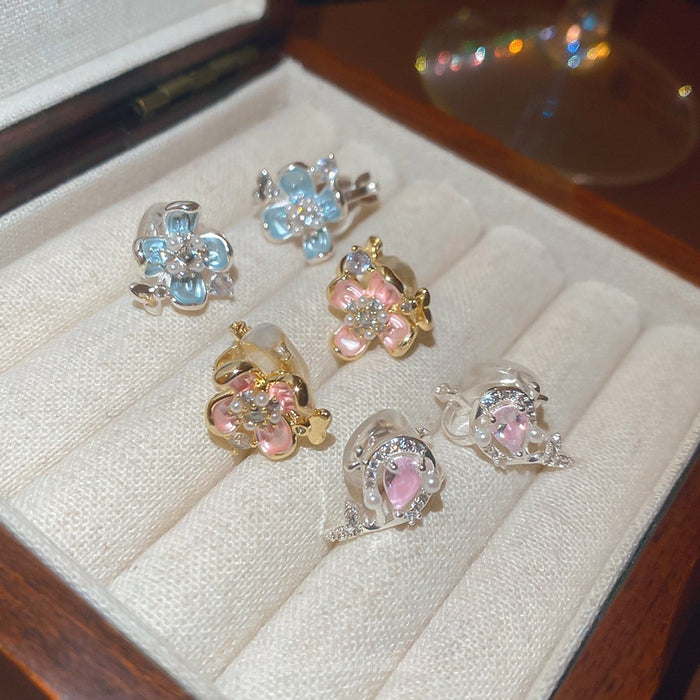 Elegant Versatile Copper Dolphin Clip-on Earrings With Zircon Pearl Enamel Flower Design