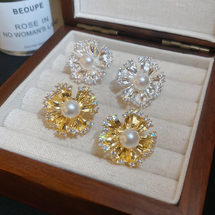 18K Gold Plated Zircon Flower Faux Pearl Clip-on Earrings Light Luxury Women's Jewelry