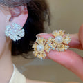 18K Gold Plated Zircon Flower Faux Pearl Clip-on Earrings Light Luxury Women's Jewelry view 2