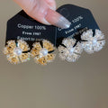 18K Gold Plated Zircon Flower Faux Pearl Clip-on Earrings Light Luxury Women's Jewelry view 3