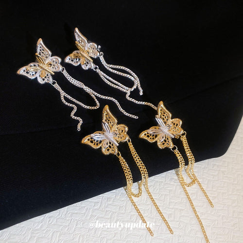 18K Gold Plated Copper Hollow Butterfly Tassel Clip-on Earrings, Elegant Light Luxury Style
