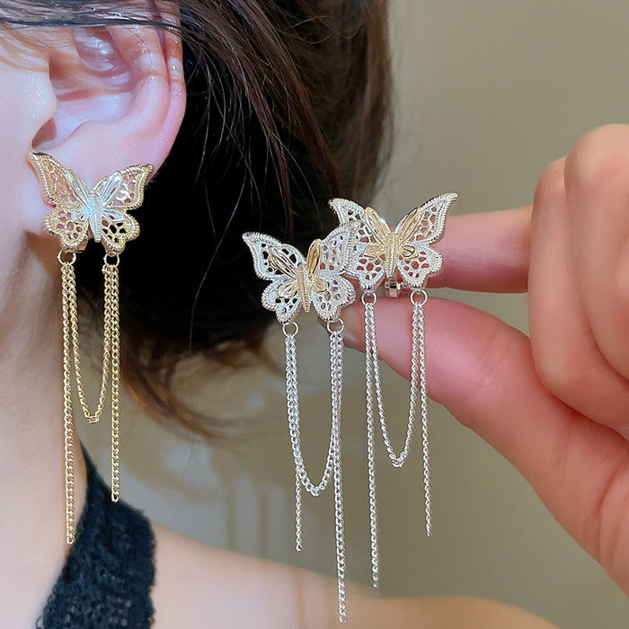 18K Gold Plated Copper Hollow Butterfly Tassel Clip-on Earrings, Elegant Light Luxury Style