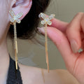 18K Gold Plated Copper Zircon Butterfly Tassel Clip-on Earrings, French Vintage Elegant Jewelry view 3