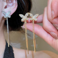 18K Gold Plated Copper Zircon Butterfly Tassel Clip-on Earrings, French Vintage Elegant Jewelry view 1