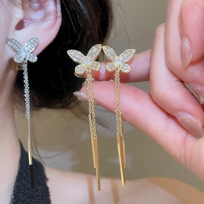 18K Gold Plated Copper Zircon Butterfly Tassel Clip-on Earrings, French Vintage Elegant Jewelry
