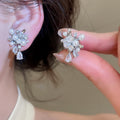 French Zircon Flower Double Layer Faux Pearl Clip-on Earrings Elegant Minimalist Round Geometric Jewelry view 4