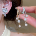 French Zircon Flower Double Layer Faux Pearl Clip-on Earrings Elegant Minimalist Round Geometric Jewelry view 2