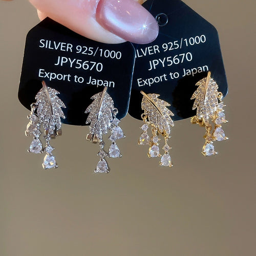 Minimalist 18K Gold Plated Copper Cubic Zirconia Leaf Tassel Clip-on Earrings