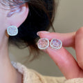 Copper Zircon Square Rose Flower Stud Earrings Light Luxury Geometric Daily Jewelry view 2