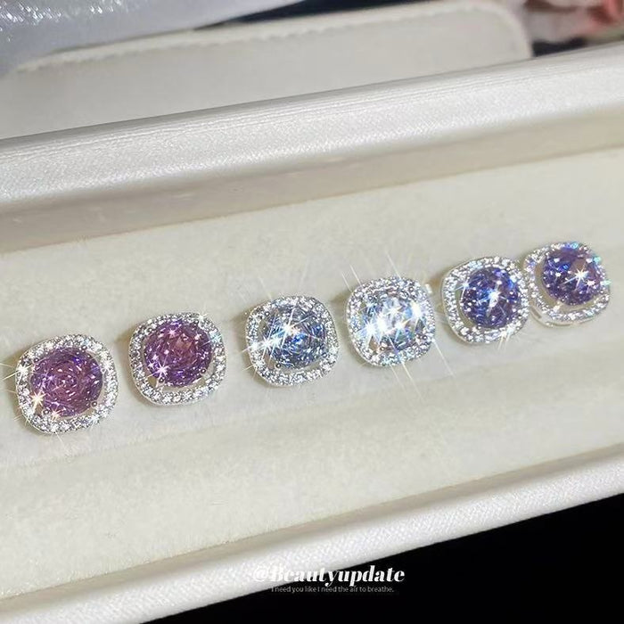 Copper Zircon Square Rose Flower Stud Earrings Light Luxury Geometric Daily Jewelry