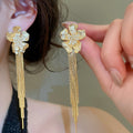 18K Gold Plated Copper Zircon Flower Pearl Tassel Drop Earrings With Silver Posts view 4