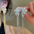 18K Gold Plated Copper Zircon Flower Pearl Tassel Drop Earrings With Silver Posts view 2