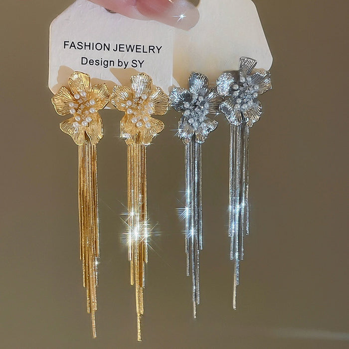 18K Gold Plated Copper Zircon Flower Pearl Tassel Drop Earrings With Silver Posts