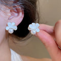 18K Gold Plated Enamel Flower Faux Pearl Clip-on Earrings Light Luxury Women Jewelry view 1