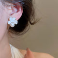 18K Gold Plated Enamel Flower Faux Pearl Clip-on Earrings Light Luxury Women Jewelry view 3