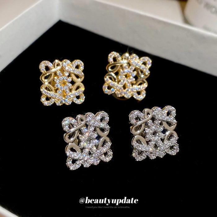 18K Gold Plated Copper Zircon Square Hollow Geometric Clip-on Earrings For Women
