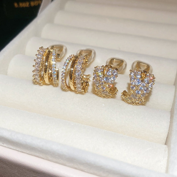 18K Gold Plated Copper Zircon C-Shaped Clip-on Earrings, Minimalist Geometric Hoop Style