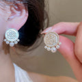 14K Gold Plated Silver Post Zircon Faux Pearl Floral Stud Earrings Vintage Elegant Jewelry view 4