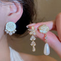 14K Gold Plated Silver Post Zircon Faux Pearl Floral Stud Earrings Vintage Elegant Jewelry view 2