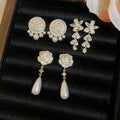 14K Gold Plated Silver Post Zircon Faux Pearl Floral Stud Earrings Vintage Elegant Jewelry view 1