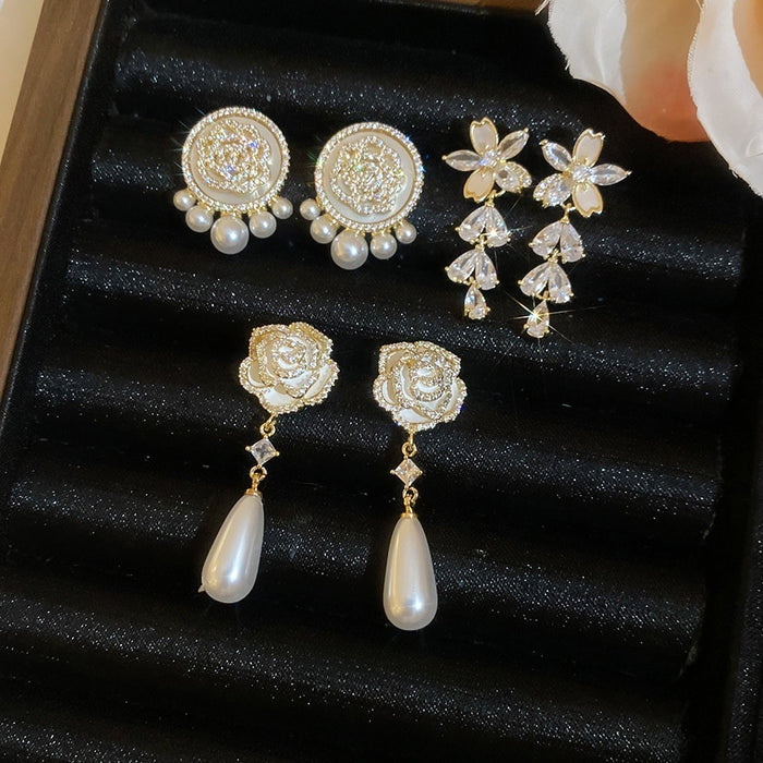 14K Gold Plated Silver Post Zircon Faux Pearl Floral Stud Earrings Vintage Elegant Jewelry