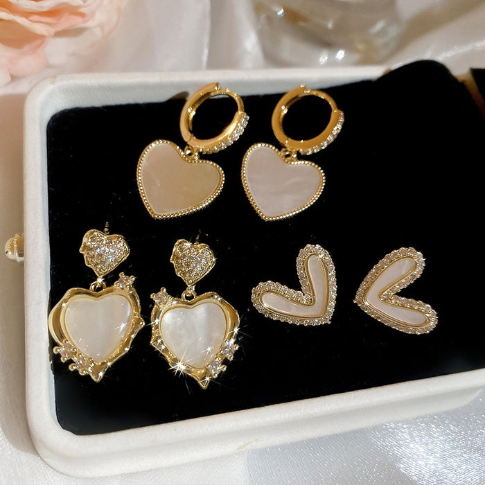 18K Gold Plated Zircon Mother Of Pearl Heart Stud Earrings For Women Daily Versatile Style