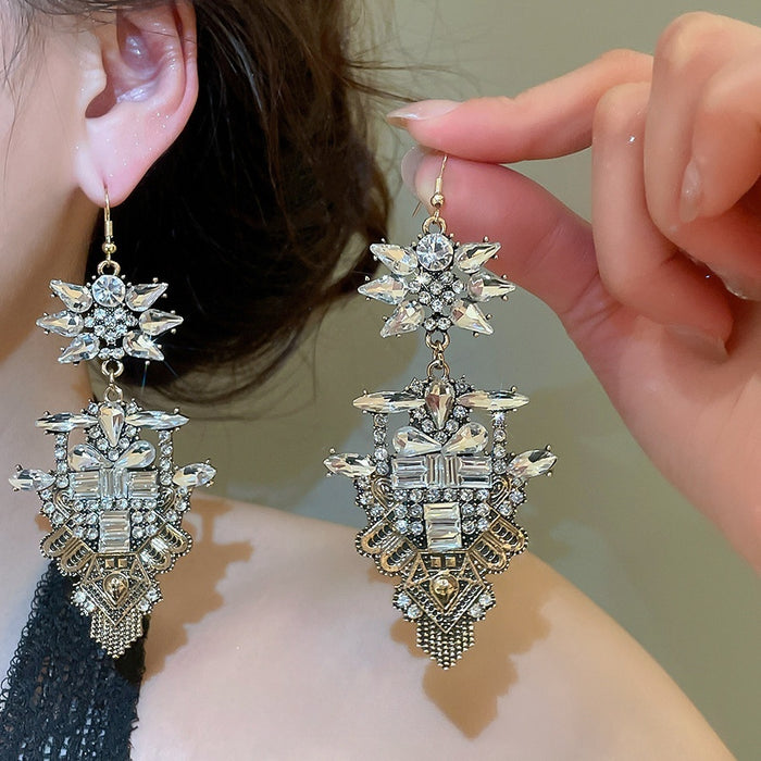 Vintage Alloy Rhinestone Square Flower Teardrop Hook Earrings Court Style Statement Jewelry