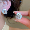 18K Gold Plated Copper Zircon Mother Of Pearl Flower Clip-on Earrings For Women view 3