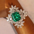 Luxury French Romantic Snowflake Ring For Women, Faux Emerald Square Blooming Flower Design view 2