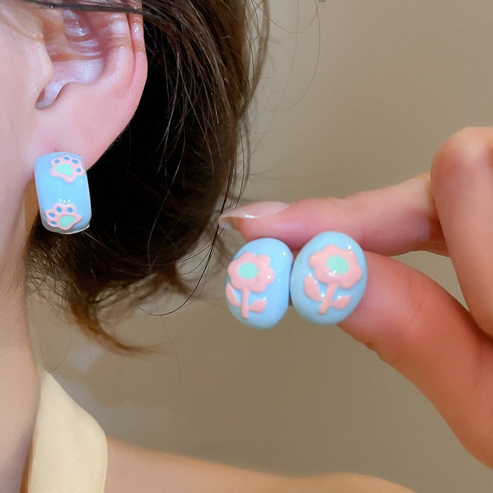 Copper Enamel Cat Paw Flower Stud Earrings, Sweet Cute Light Luxury Daily Wear Jewelry