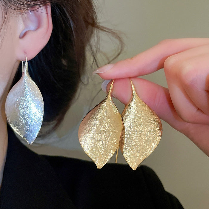 18K Gold Plated Copper Leaf Pendant Hook Drop Earrings Geometric Statement Niche Style