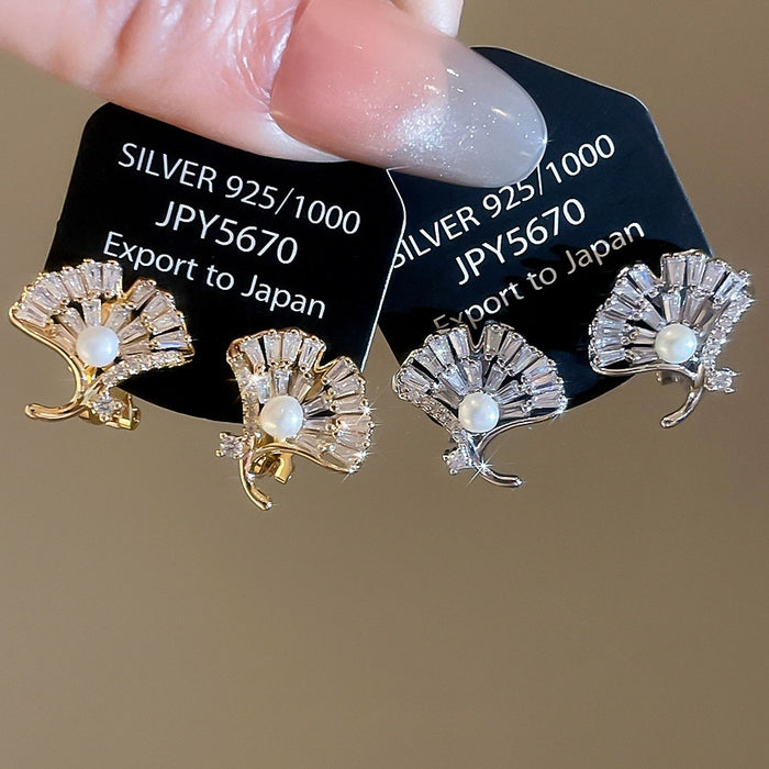 18K Gold Plated Zircon Ginkgo Leaf Freshwater Pearl Clip-on Earrings For Women