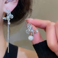 Copper Zircon Asymmetric Butterfly Pearl Drop Earrings For Women, Elegant Light Luxury view 1