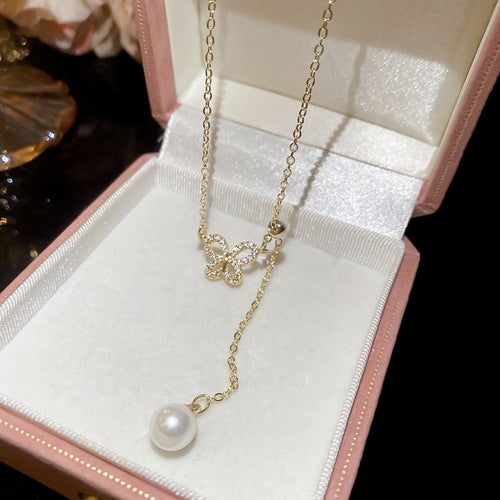 18K Gold Plated Copper Zircon Butterfly Pearl Necklace Elegant Light Luxury Choker For Women