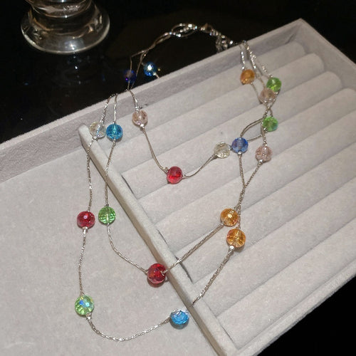 Dopamine Color Crystal Beaded Sweater Necklace Geometric Round Pastoral Light Luxury Collarbone Chain