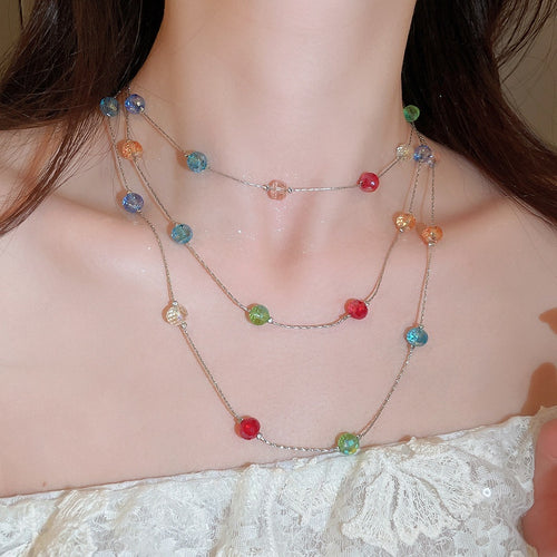 Dopamine Color Crystal Beaded Sweater Necklace Geometric Round Pastoral Light Luxury Collarbone Chain