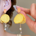 Chiffon Flower Faux Pearl Stud Earrings With Silver Pins, Fresh Beach Vacation Niche Style view 3
