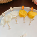 Chiffon Flower Faux Pearl Stud Earrings With Silver Pins, Fresh Beach Vacation Niche Style view 4