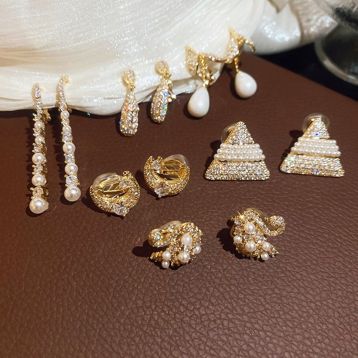 18K Gold Plated Zircon Geometric Faux Pearl Triangle Clip-on Earrings Vintage OL Style