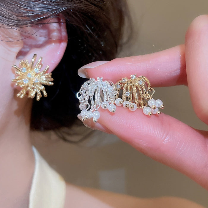 18K Gold Plated Zircon Firework Faux Pearl Floral Clip-on Earrings For Women