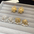 18K Gold Plated Zircon Firework Faux Pearl Floral Clip-on Earrings For Women view 2
