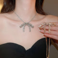 Iron Rhinestone Bow Pendant Necklace Elegant Old Money Style Delicate Collarbone Chain view 1