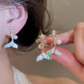 18K Gold Plated Zircon Mother Of Pearl Fishtail Faux Pearl Dangle Clip-on Earrings view 1