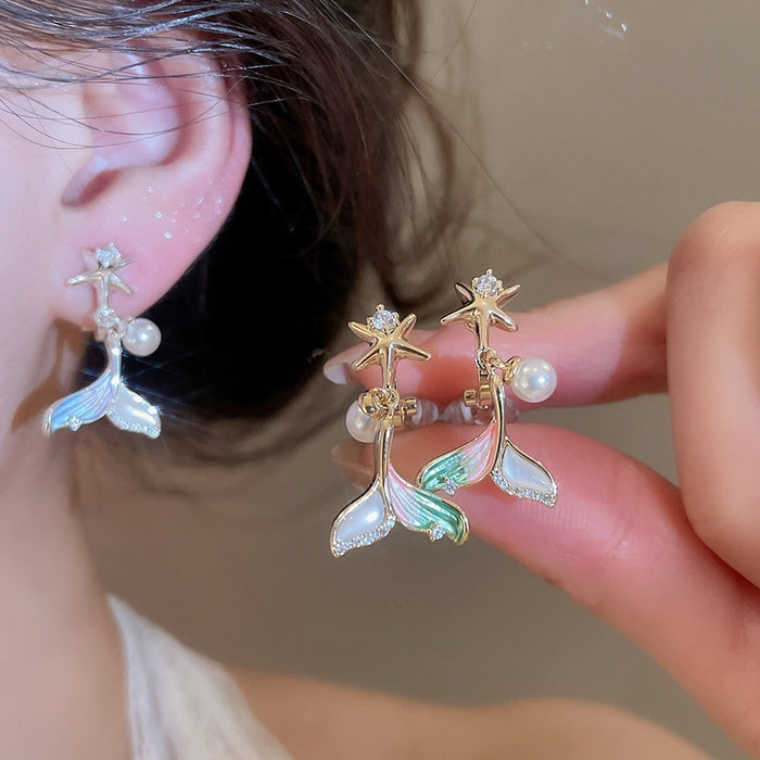 18K Gold Plated Zircon Mother Of Pearl Fishtail Faux Pearl Dangle Clip-on Earrings